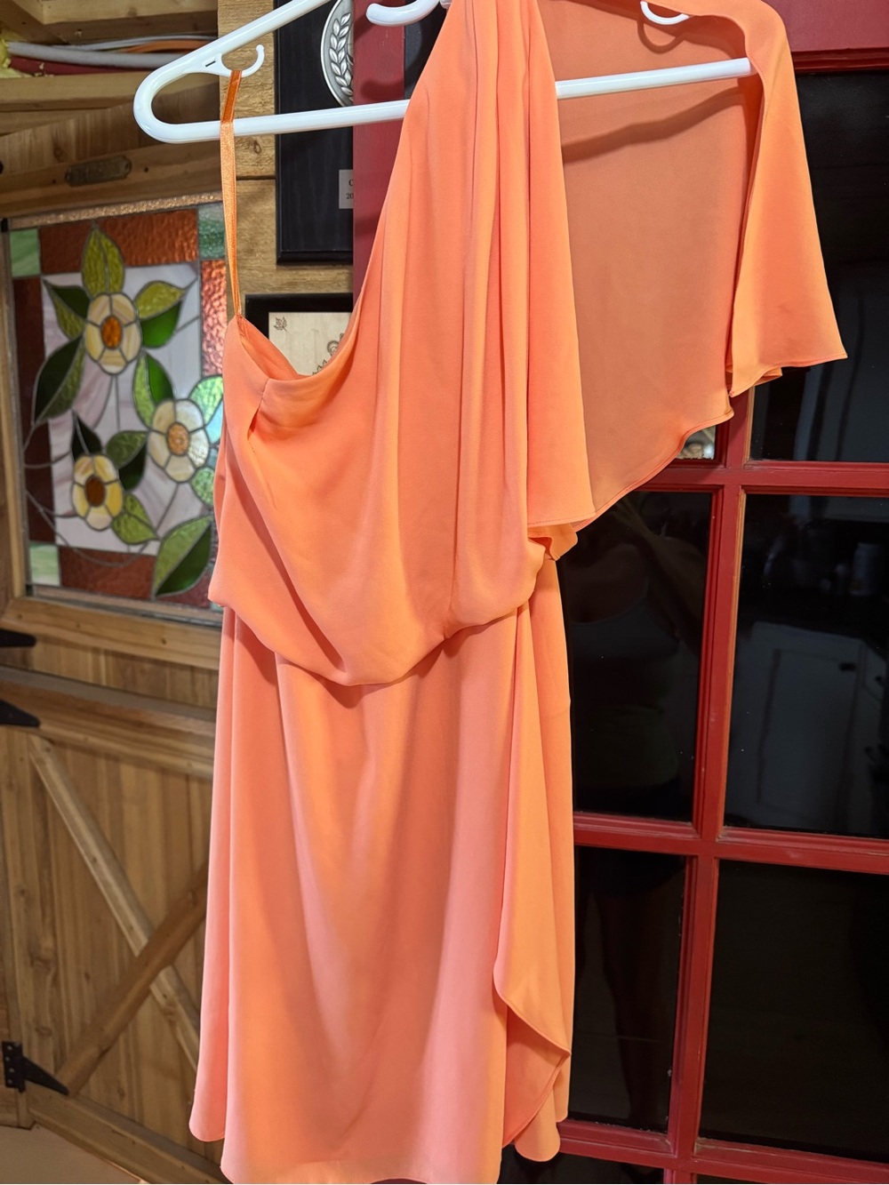 BCBGMaxAzria One-Shoulder Coral-Peach Draped Dress
